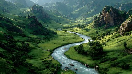 Winding river viewed above vibrant green valley images