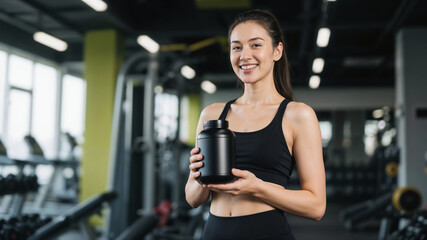 Fototapeta premium Smiling woman wearing sportswear holding black supplement jar in gym