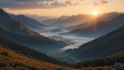 Serene mountain landscape at sunrise with misty valley and warm golden light