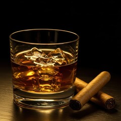 Golden hour light illuminates a glass of strong whiskey with melting ice, situated beside fine tobacco cigars, creating a luxurious evening scene ,still life ,bourbon ,dark