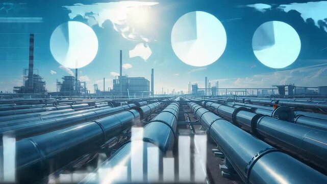 Industrial pipeline network stretching across modern energy facility with circular data indicators, large scale infrastructure monitoring and resource management