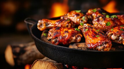 Grilled Chicken Wings in Pan with Fire Flames Backdrop, BBQ ,Food Photography