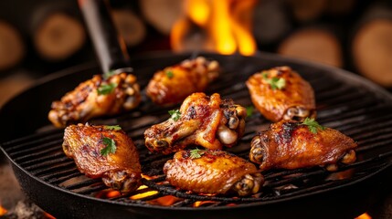 Grilled Chicken Wings on BBQ with Flames, Food , BBQ