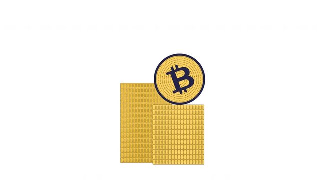 Bitcoin coins falling into stacks 2D cartoon object animation. Cryptocurrency accumulation. Digital BTC savings. Growing financial investment animated flat colorful item 4K video isolated on white