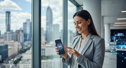 Woman using smartphone with 5g network icon. Fast mobile communication with modern city background. Wireless technology for business connectivity concept.