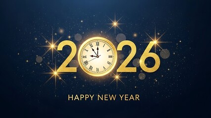 Golden 2026 New Year celebration with glowing clock face on dark blue starry background