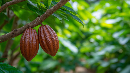 Macro view of cocoa pods growing on a tree, textured pod surfaces clearly visible, tropical greenery softly blurred behind, natural light emphasizing organic shapes and colors