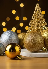 Sparkling gold and silver holiday accents arranged beautifully for a stylish and elegant celebration background, metallic, glitter, bright