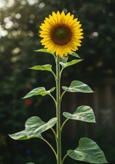 Thriving tall sunflower in a backyard garden, captured during peak summer bloom under bright sunlight, symbolizing growth and vitality ,summer ,pollen ,fresh