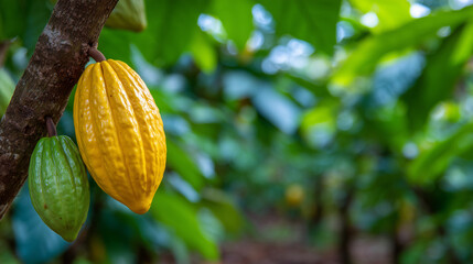 Macro shot of textured cocoa pod on tree, yellow pod in sharp focus with green pods nearby, bark and leaves softly blurred, authentic plantation setting