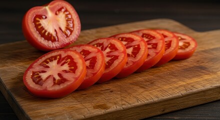Vibrant, juicy, ripe tomato slices arranged neatly on a rustic wooden cutting board, emphasizing freshness and healthy eating preparation, reddish, sliced, juicy
