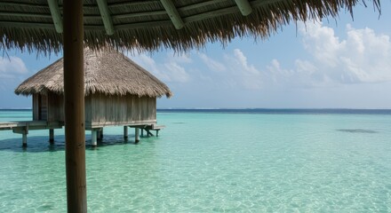 Traditional island structure with a woven palm thatch roof built over crystal clear shallow tropical lagoon water. Scenic exotic vacation travel, landscape, clear, travel