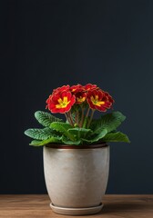Vibrant flowering primrose plant displayed in a ceramic planter pot, symbolizing springtime freshness, gardening, growth, and natural beauty ,natural ,studio ,macro