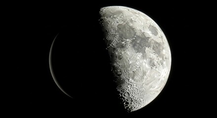 Detailed close-up view of the Moon in its quarter phase, revealing intricate craters and the rugged lunar surface against the vast expanse of space