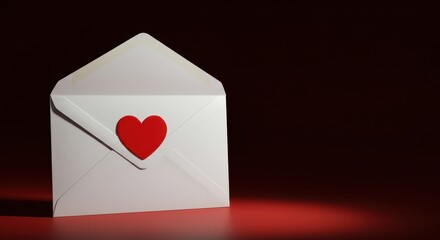 White paper envelope sealed with a vibrant red heart sticker, symbolizing love, romance, and a special heartfelt message delivery ,correspondence ,paper ,desktop