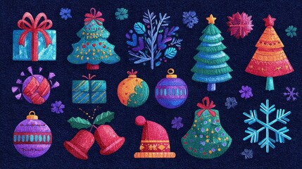 A collection of festive illustrations, including gifts, Christmas trees, ornaments, snowflakes, and bells. The elements have a textured, handmade appearance