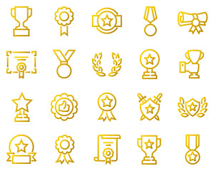 Line icon set of awards, trophies, medals, certificates, and achievement symbols. Perfect for UI, competition results, recognition badges, and success-related designs.	