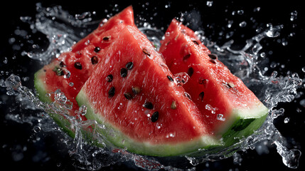 Ripe watermelon wedges captured mid-flight, crashing through a splash of water, transparent droplets frozen in air, ultra-fresh summer fruit composition