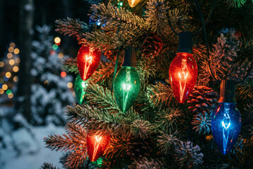 A close-up of colorful retro Christmas lights glowing on a fir tree branch in the snow at night. Festive, magical, and nostalgic holiday atmosphere.