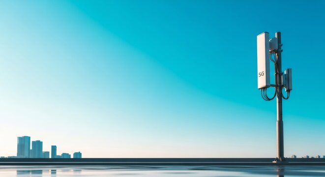 5G antenna on rooftop with skyline. Wireless communication technology for fast internet and mobile data. Connectivity in city environment.