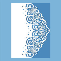 Christmas card with snowflakes. Laser-cut paper template. For designing Christmas, New Year's, and wedding cards, envelopes, invitations, etc. Vector.