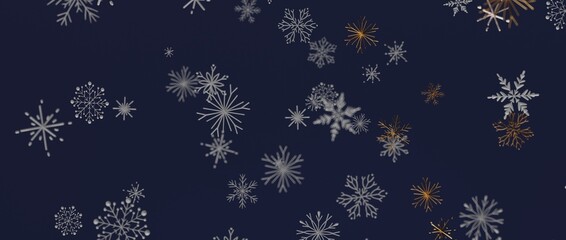 Sophisticated winter design with falling snowflakes on a dark blue backdrop, perfect for holiday themes.