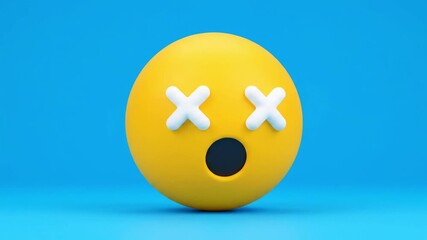 A 3D yellow emoji toy with a shocked emoticon face on a blue background