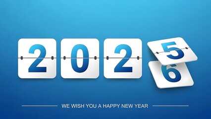 Title: Blue Digital Flip Calendar Displaying 2025 and 2026 with Happy New Year Greeting on Blue Background
