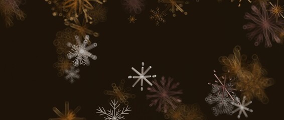 Artistic winter background with abstract snowflakes in shades of orange, white and brown. Perfect for seasonal designs,