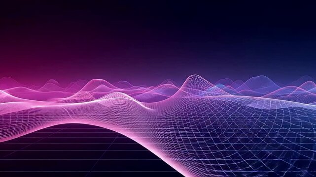Flowing digital wave landscape with glowing grid surface and smooth energy curves, abstract data visualization environment and modern technology motion