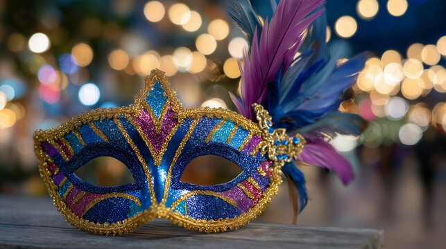 Brightly colored masquerade mask with feathers and glitter, blurred carnival background with warm bokeh lights, celebratory party theme, banner or poster layout with open copy spac