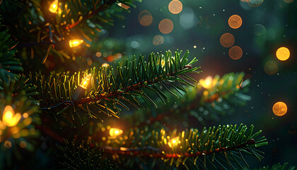Festive Evergreen Lights: A close-up shot of a verdant evergreen branch adorned with twinkling golden lights, bringing festive cheer. 