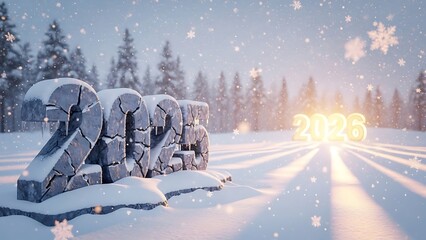 Title: Snowy stone numbers 2025 transitioning to glowing golden 2026 in winter forest landscape with falling snowflakes
