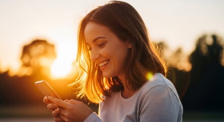 Woman happy using mobile phone outdoor. Connection and communication concept. Female holding smartphone for social media or internet surfing in sunset.