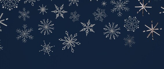 Stylish, festive background design featuring silver snowflakes on a dark blue backdrop, perfect for Christmas,