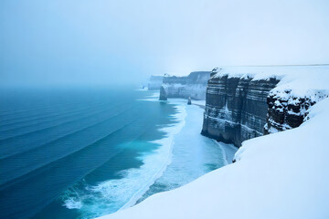 Dramatic Snow Covered Cliffs Overlooking Blue Ocean Waves in Winter
