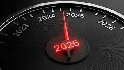 Closeup of a speedometer dial showing glowing red 2026 with years 2023 to 2026 marked on black background