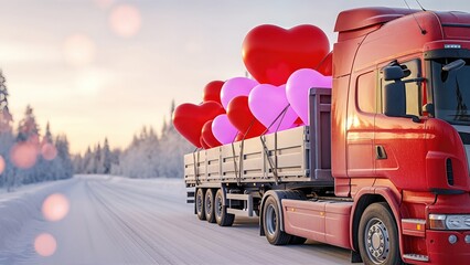 Red truck transporting large heart-shaped balloons on snowy road, surrounded by winter landscape, symbolizing love and celebration for Valentine's Day