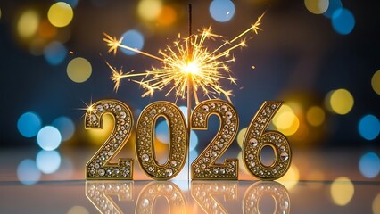 Sparkling golden 2026 numerals with firework sparkler and bokeh lights background numbers digits