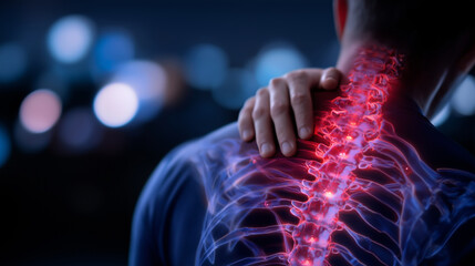 Close-up of man experiencing neck pain, hand on upper back, highlighted skeletal structure showing tension in spine and ribs, subtle red overlay indicating discomfort, medical post
