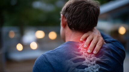 Close-up of man experiencing neck pain, hand on upper back, highlighted skeletal structure showing tension in spine and ribs, subtle red overlay indicating discomfort, medical post