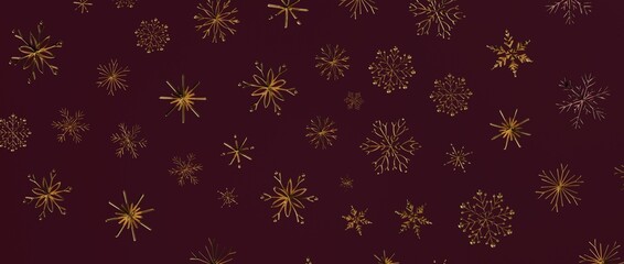 Elegant gold snowflakes on a deep burgundy backdrop, perfect for festive designs, Christmas and New Year themes,