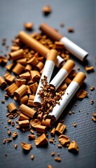 Broken cigarettes and scattered tobacco pieces on a textured surface, bad habit, tobacco remnants
