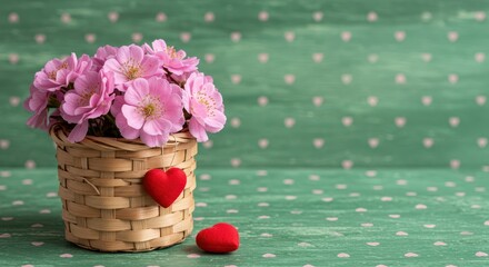 Charming woven basket holding delicate pink blooms and a tiny red heart against a distressed green surface patterned with small pink hearts ,flowers, surface, beauty