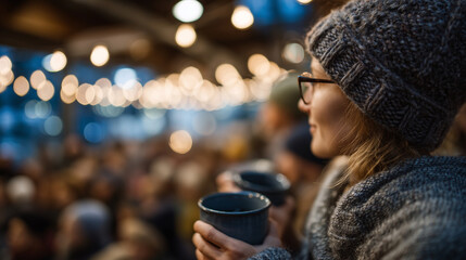 Line of people in a coffee shop, cold season attire, hands holding warm mugs, warm and cozy lighting inside, rustic or modern coffee shop design, winter outside