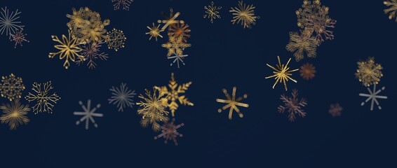 Abstract winter scene with snowflakes in gold and bronze on a dark blue background. Perfect for Christmas or New