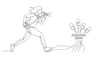 Fototapeta premium Single continuous line drawing of a female journalist running with camera to capture breaking news event, vector illustration.
