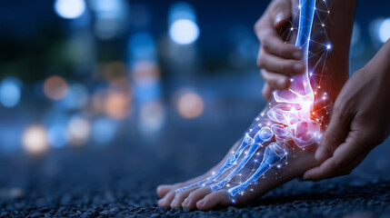 Close-up of ankle joint with inflammation, medical overlay showing bones and ligaments, hands holding the foot in supportive gesture, visualizing pain and anatomical detail