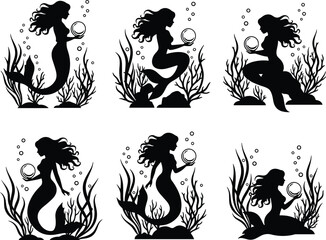 Black silhouettes of mermaids underwater holding pearls with flowing hair, aquatic plants, bubbles, fantasy mythology artwork design