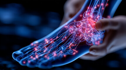 Anatomical visualization of ankle pain, semi-transparent bones and ligaments, red inflammation overlay, hands supporting foot in caring gesture, detailed medical illustration style